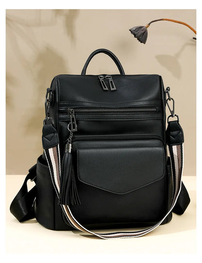 Backpack for Women Large Womens Backpack Leather Travel Fashion Purse Designer Ladies Shoulder Bags with Tassel Two-toned Brown