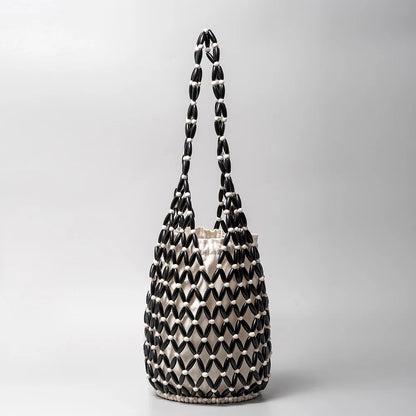 Women Woven hand bag summer design hollow-out wooden bead tote bucket shoulder bag female Reticulate netted canvas beach handbag