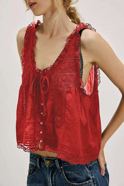 Women Sexy Crop Tops Sleeveless Boho Free Style Tank Tops Splice Lace Hippie Tops Button Down Summer Caimis Tee Top Female Cloth