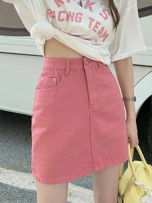 JMPRS Sweet Pink Women Denim Skirts High Waist Student A Line Korean Solid Mini Skirt Causal Summer Vintage Ladies Jeans Skirt