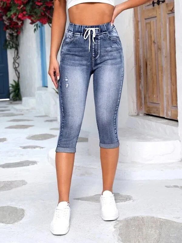 Cross-border New Foreign Trade Women Jeans Elastic Waist Drawstring High Waist Ripped Jeans High Elastic Denim Hot Pants