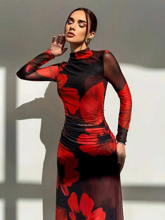 Elegant Dress  Flower Print  Women's Streetwear Fashion o-Neck Skinny Sexy Lady Dresses 2025 Summer New