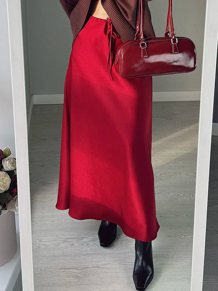Long Black Satin Skirts Women For Work Summer Autumn Straight Brown Skirt Long Belt Coffee Formal Silk Maxi Skirt For Ladies