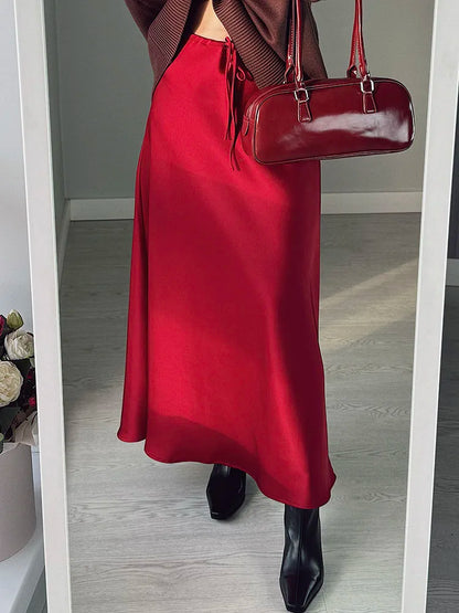 Long Black Satin Skirts Women For Work Summer Autumn Straight Brown Skirt Long Belt Coffee Formal Silk Maxi Skirt For Ladies