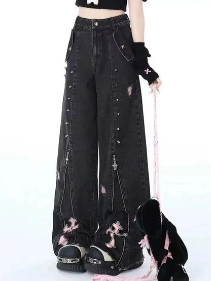 Women Clothing Black Gothic Jeans Pink Cross Y2k Oversize Loose Aesthetic Denim Trousers Harajuku Korean 2000s Jean Trashy Pants