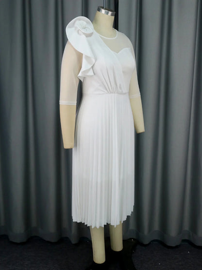 Elegant White Dresses for Women Pleated Ruffles Flower Tulle Sleeves Patchwork Classy Occasion African Wedding Guest Birthday