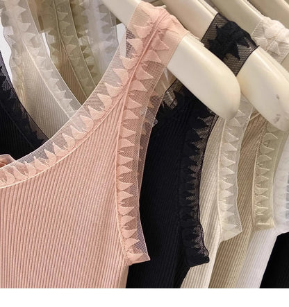 Women Summer Fashion Thin Knitted Undershirt Sleeveless Corset Top Half High Neck Comfortable Breathable Lace Tank Top 2025