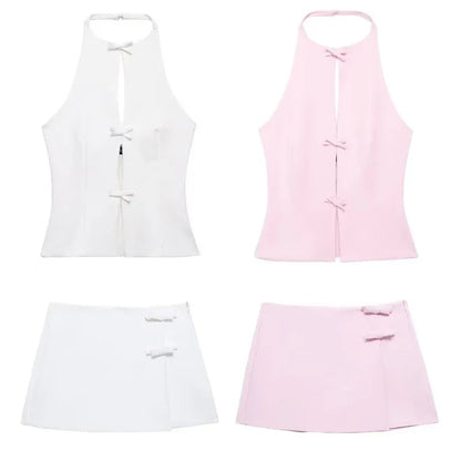 Women Fashion Bow Solid Halter Tops Women Hollow Out Sleeveless Backless Tank Top Summer  Elegant Vest Office Lady