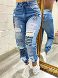 Jeans Women Fashion Stylish Monogrammed Slashed Marabou Chino Jeans Casual Length Trousers Plus Size Pants For Female 2025