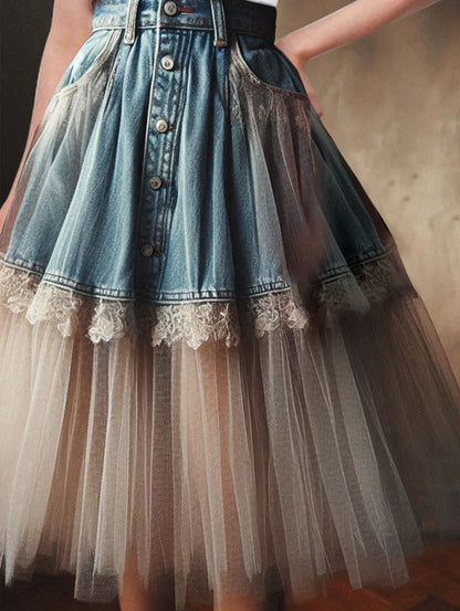 Vintage Patchwork Lace Hollow Out Jean Skirt Women Korean Fashion High Waist Midi Denim Skirt Female Button Casual Elegant Skirt