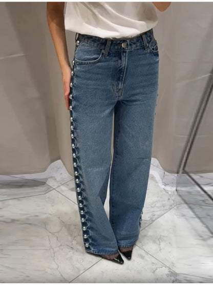 Women's Fashion Punk Washing Denim Pant Vintage Metal Straight Wide Leg Long Jeans 2025 New Lady Y2k Fashion Denim Trousers