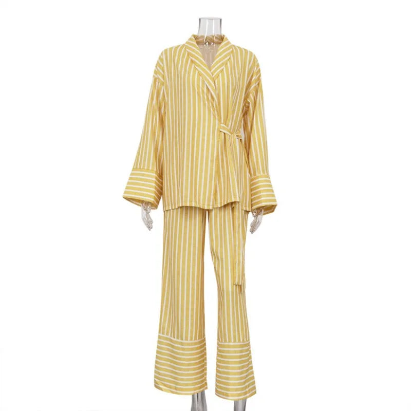 Women's Dress Sets Autumn New Striped Long-sleeved Loose Lace-up Top High-waisted Trousers Fashion Casual Suit for Women