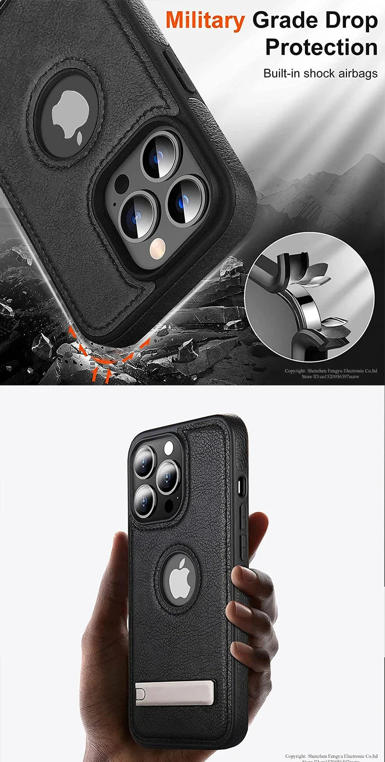Leather Kickstand Phone Cases for iPhone 15 13 Pro Max 14 Plus 12 11 Mobile Case Shockproof Flexible Soft Grip Luxury Back Cover