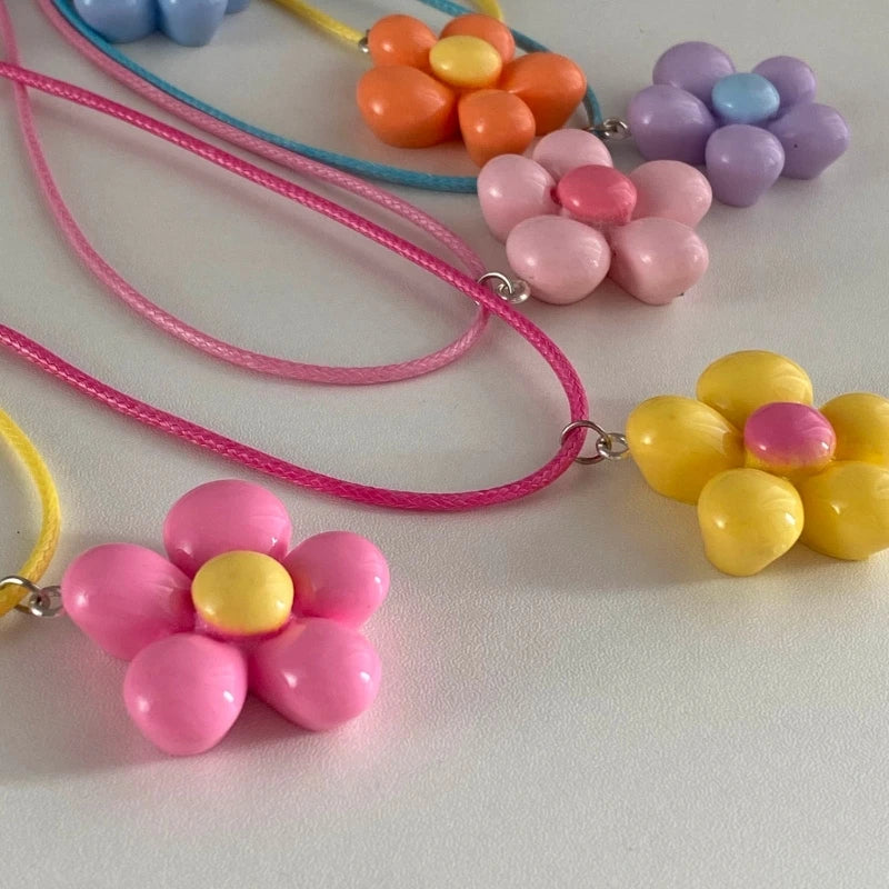 Colorful Flower Necklace Statement Pendant Necklace Floral Design Neck Jewelry Rope Necklace Perfect Gift for Women Girl