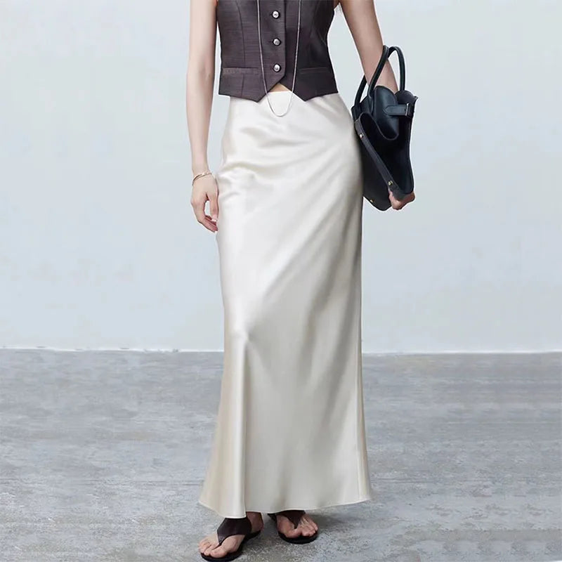 Long Skirts for Women High-waisted Thin Satin Acetate Silky Fishtail Skirt Korean Fashion Clothing Elegant Women's A-line Skirt