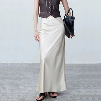 Long Skirts for Women High-waisted Thin Satin Acetate Silky Fishtail Skirt Korean Fashion Clothing Elegant Women's A-line Skirt