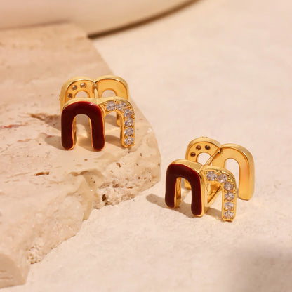 Wine Red Enamel Earrings For Women Copper Gold Plated Trendy Female Ear Studs Girls Charming Jewelry