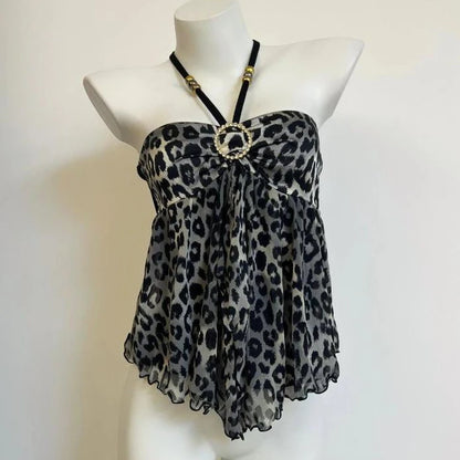 Women Clothing Summer Crop Tops 2025 Ropa Mujer Halter Backless TLoose Vest Sweet Korean Camis Korean Leopard Print Sexy Tanks