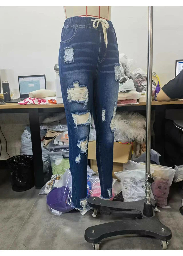 LW Women's Ripped Jeans 2024 Autumn Skinny Denim Pant Woman Fashion Drawstring Stretch Boyfriend Destroyed Pencil Jeans Female