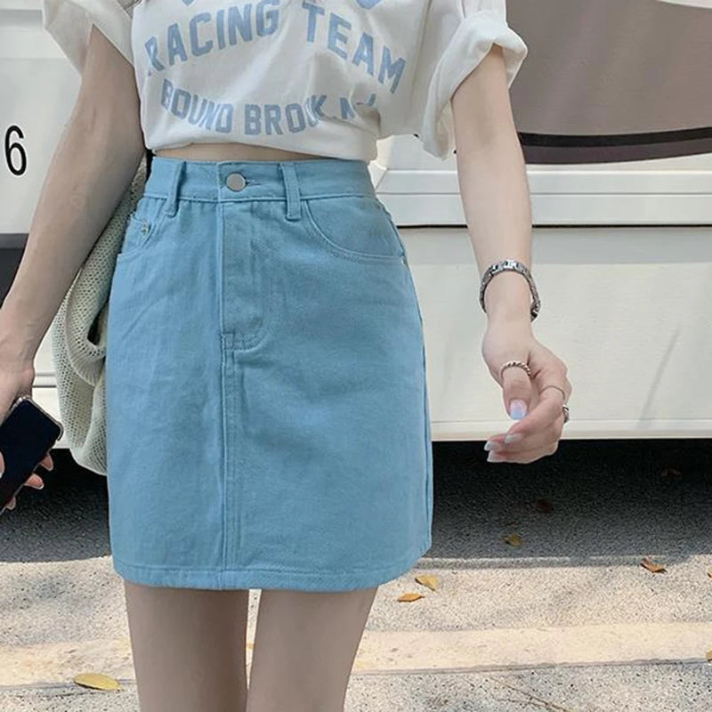 JMPRS Sweet Pink Women Denim Skirts High Waist Student A Line Korean Solid Mini Skirt Causal Summer Vintage Ladies Jeans Skirt