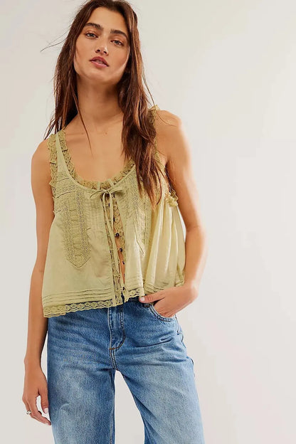 Sleeveless Tank Tops For Women Blouses Summer Boho Beach Wear 100%Cotton Splicing lace Shirts Loose Casual Ladies Blusas Camis
