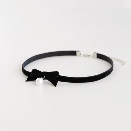 Elegant Bowknot Necklace Pearls Beads Pendant Clavicle Chain Velvets Bows Collarbone Chain Ornament for Women Girls