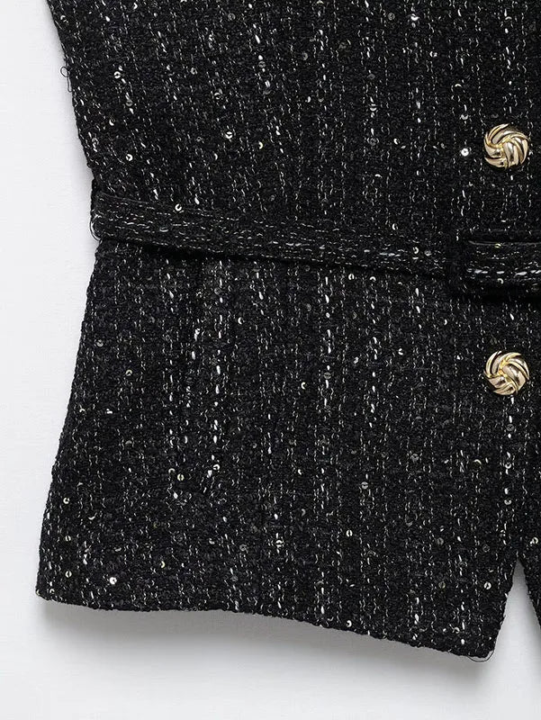 Women's Tweed Waistcoat With Belt, O Neck, Sleeveless, Front Button, Female Outerwear, Chic Tops, Fashion