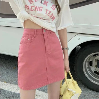 JMPRS Sweet Pink Women Denim Skirts High Waist Student A Line Korean Solid Mini Skirt Causal Summer Vintage Ladies Jeans Skirt