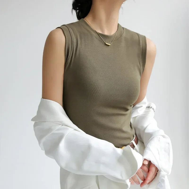 Women's Pure Cotton High Strecth Sleeveless Top Scoop Neck Breathable Solid Versatile Basic Camisole T-shirt Hot Tops for Women