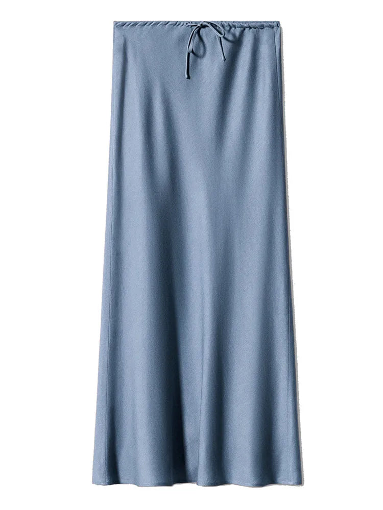 Long Black Satin Skirts Women For Work Summer Autumn Straight Brown Skirt Long Belt Coffee Formal Silk Maxi Skirt For Ladies