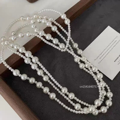 Luxury Necklace Multi-layered Pearl Necklace for Women Fashionable Long Chain Dress Accessory