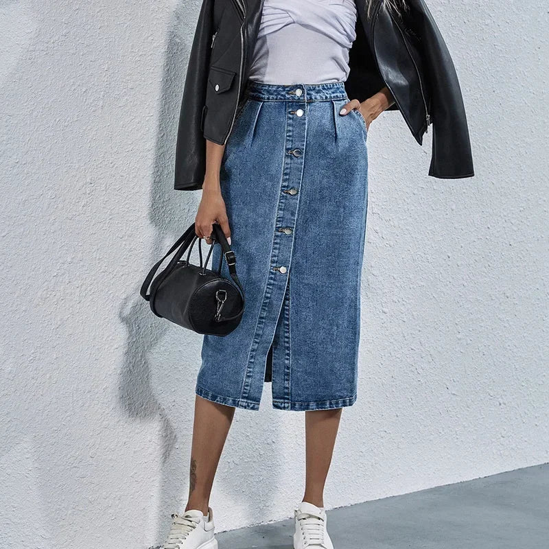 Women Streetwear Casual Pocket High Waist Straight Jean Skirts New Single Breasted Knee All-match Length Denim Skirt Female