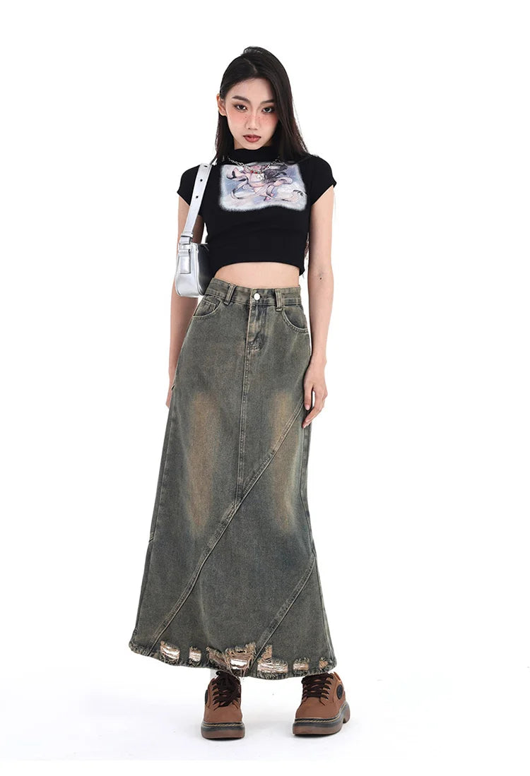 Women Denim Skirt Y2k Emo 2000s Clothes Long Skirt Harajuku Korean 90s Fashion Vintage Gradient A-line Jean Skirt Grunge Clothes