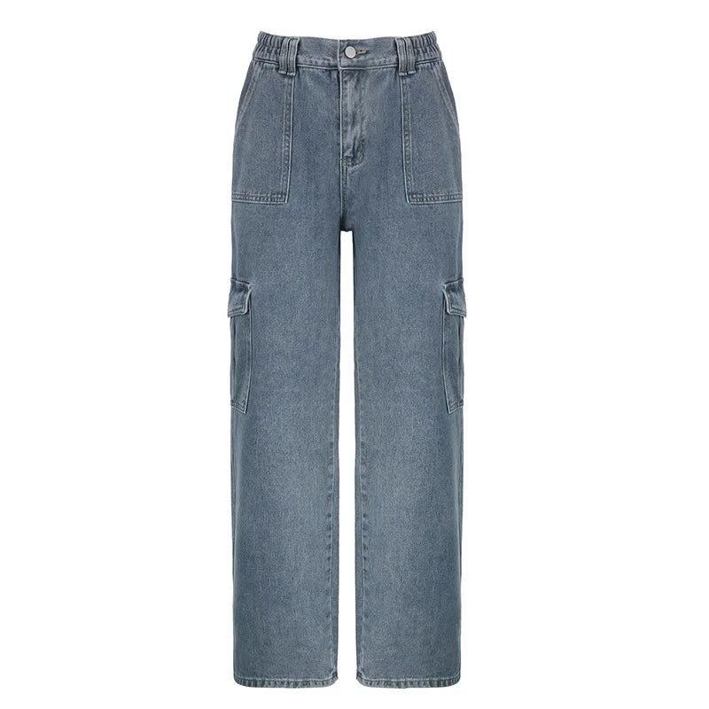 Women's Vintage Washed Loose Straight Low-Rise Elastic Waist Patchwork Cargo Jeans with Cuffed Pockets Trendy Streetwear Casual