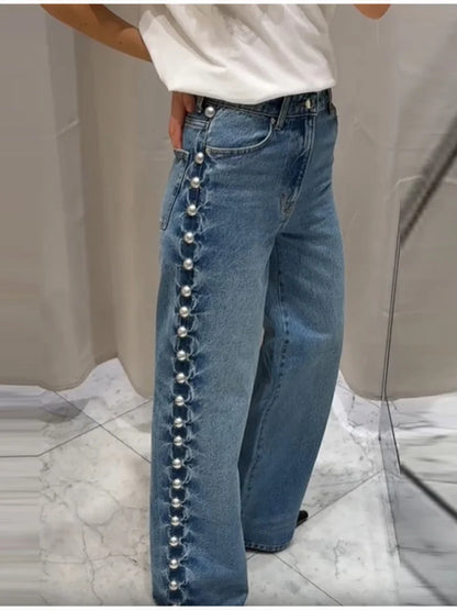 Women's Fashion Punk Washing Denim Pant Vintage Metal Straight Wide Leg Long Jeans 2025 New Lady Y2k Fashion Denim Trousers