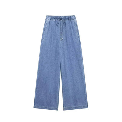 2024 Autumn Denim Pant For Women Loose High Waist Jeans Female Fashion Drawstring Elastic Waist Wide Leg Pants