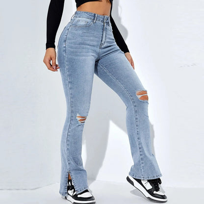 Women'S Fashion Ripped Foot Side Slit Slim Stretch Pants Jeans Pantalones De Mujer CalçA Pantalona Feminina брюки женские