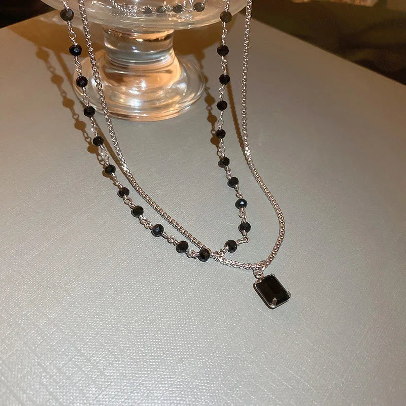 Shiny Black Chokers Necklaces for Women 2022 Trend Double Layer Beaded Chain Geometry Charm Necklace Jewelry