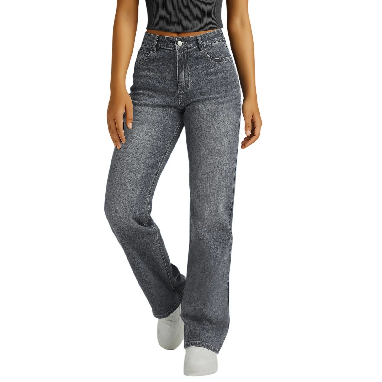 Jeans Women Straight Long Pants Casual Floor Length Mom Pant Blue High Waist Elegant Zipper Fly Pockets Slim Y2k Denim Trousers