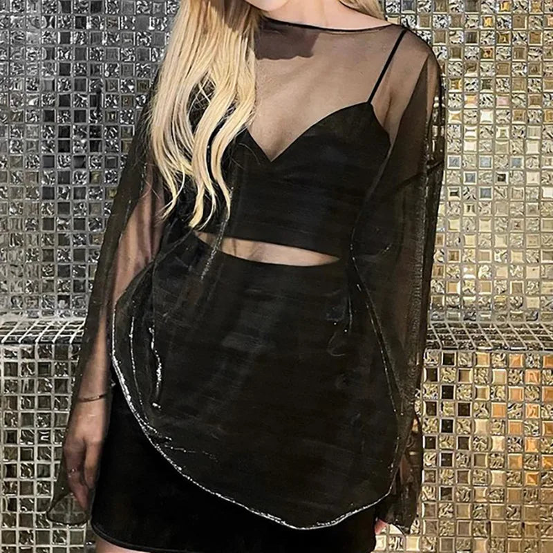 See Through T Shirts For Women Y2k Clothes Sexy Crop Tops Long Sleeve Oversized Tshirt O-Neck Club Outfit Reflective Egirl Tees
