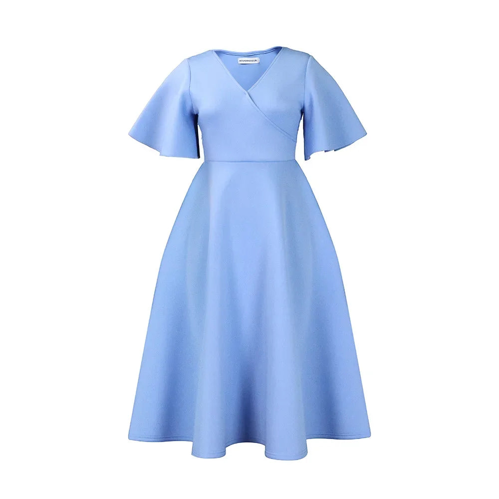 Dress Women Sexy Dresses White Round Neck Flare Sleeve Party Sheath Pleated High Waist Work Elegant Bodycon Mid Length Vestidos