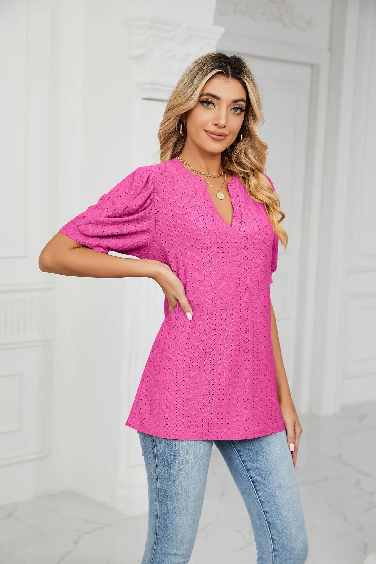 Womens Tops V Neck Ruffle Sleeve Blouses Short Sleeve Casual Tops T-Shirts for Women Autumn Winter