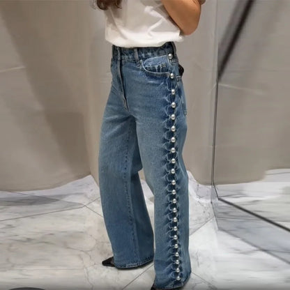 Women's Fashion Punk Washing Denim Pant Vintage Metal Straight Wide Leg Long Jeans 2025 New Lady Y2k Fashion Denim Trousers