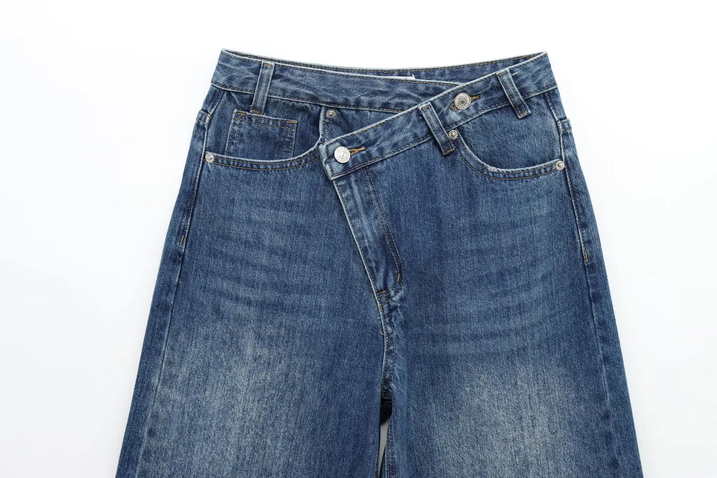 Women's new chic fashion asymmetrical waist design loose high waist wide leg jeans retro side pocket zipper women's denim pants