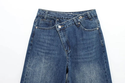 Women's new chic fashion asymmetrical waist design loose high waist wide leg jeans retro side pocket zipper women's denim pants