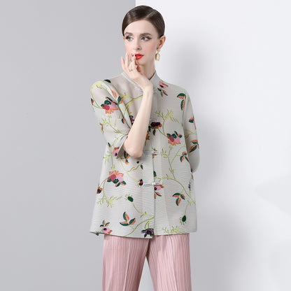 Pleated Tops for Women Summer Printed Shirts Loose Mom Wear Commuter Printed Short Sleeves Women Clothes