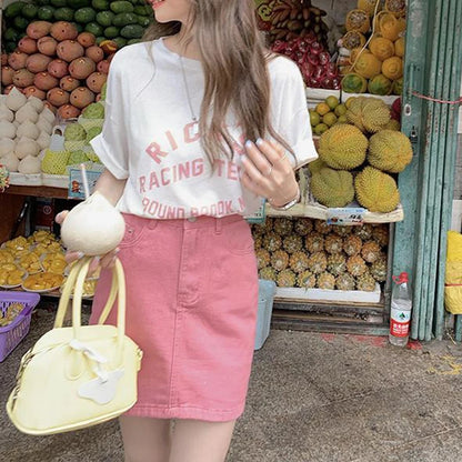JMPRS Sweet Pink Women Denim Skirts High Waist Student A Line Korean Solid Mini Skirt Causal Summer Vintage Ladies Jeans Skirt