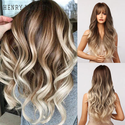 HENRY MARGU Burgundy Long Wavy Wigs Wine Red Wig with Bangs for Women Daily Synthetic Hair Cosplay Wig Heat Resistant Fiber