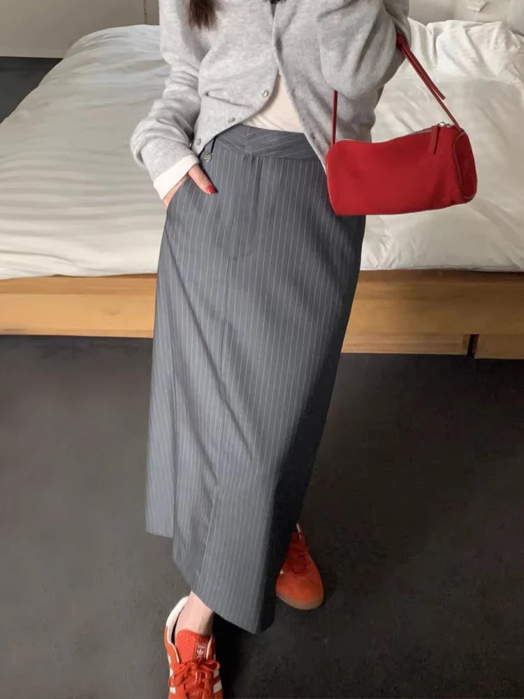 Chic High Waist Straight Leg Long Skirt Women's Spring Vintage ket Color Blo Striped f Body Skirts Faionable Slimming