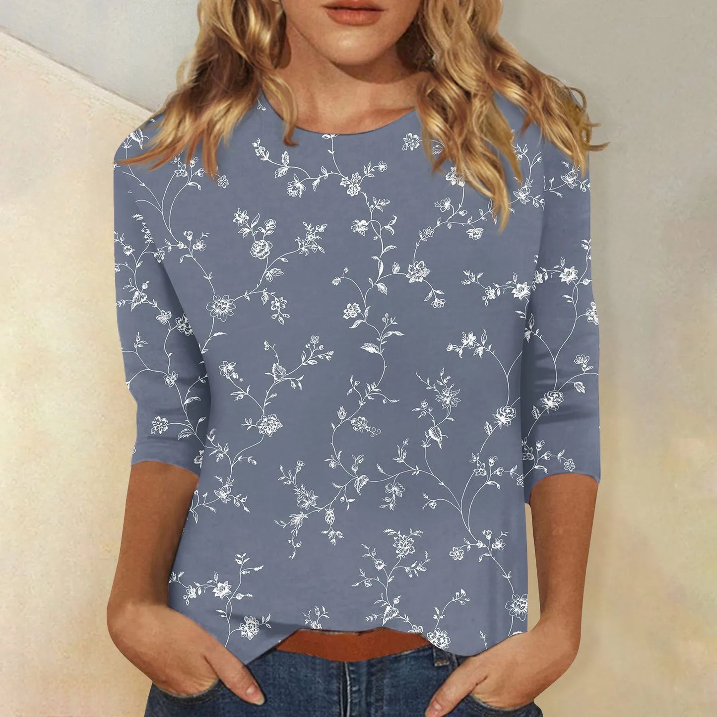 2024 Women Summer Tops Comfortable T Shirt Fashion Flower Print Round Neck 3/4 Sleeve Tops Soft Versatile Pullover Ropa De Mujer